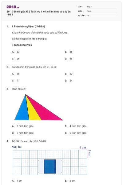 Bộ 10 đề thi giữa kì 2 Toán lớp 1 Kết nối tri thức có đáp án - Đề 1