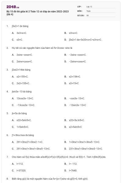 Bộ 15 đề thi giữa kì 2 Toán 12 có đáp án năm 2022-2023 (Đề 4)