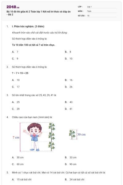 Bộ 10 đề thi giữa kì 2 Toán lớp 1 Kết nối tri thức có đáp án - Đề 2