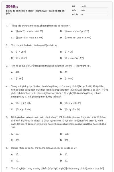 Bộ 20 đề thi học kì 1 Toán 11 năm 2022 - 2023 có đáp án (Đề 1)