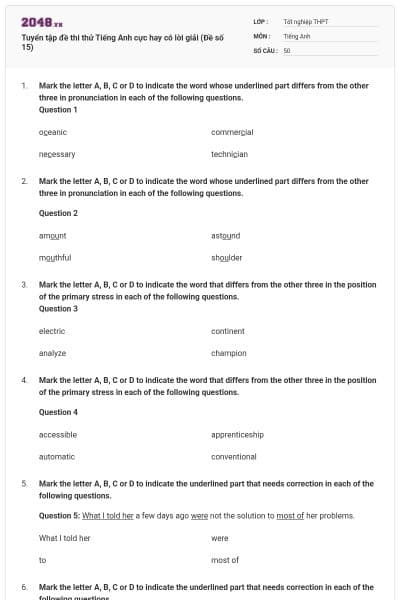 Tuyển tập đề thi thử Tiếng Anh cực hay có lời giải (Đề số 15)