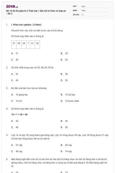 Bộ 10 đề thi giữa kì 2 Toán lớp 1 Kết nối tri thức có đáp án - Đề 3