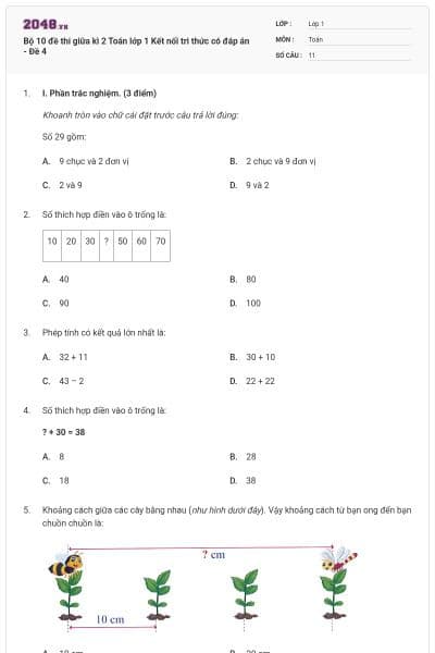 Bộ 10 đề thi giữa kì 2 Toán lớp 1 Kết nối tri thức có đáp án - Đề 4
