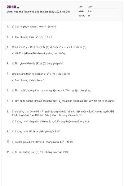 Đề thi Học kì 2 Toán 9 có đáp án năm 2022-2023 (Đề 26)