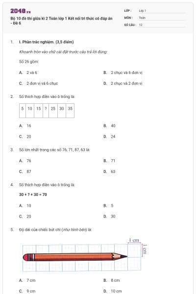 Bộ 10 đề thi giữa kì 2 Toán lớp 1 Kết nối tri thức có đáp án - Đề 6