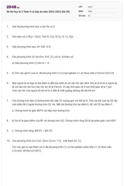 Đề thi Học kì 2 Toán 9 có đáp án năm 2022-2023 (Đề 28)