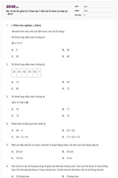Bộ 10 đề thi giữa kì 2 Toán lớp 1 Kết nối tri thức có đáp án - Đề 8