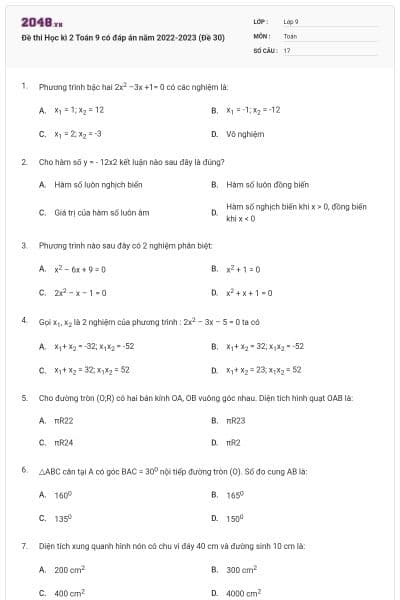 Đề thi Học kì 2 Toán 9 có đáp án năm 2022-2023 (Đề 30)