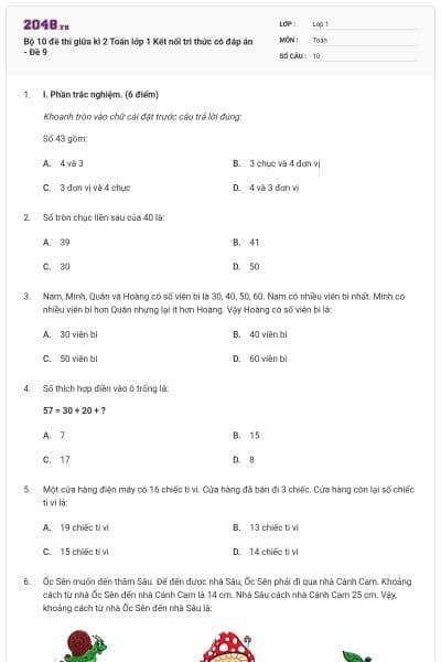 Bộ 10 đề thi giữa kì 2 Toán lớp 1 Kết nối tri thức có đáp án - Đề 9