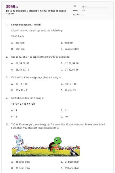 Bộ 10 đề thi giữa kì 2 Toán lớp 1 Kết nối tri thức có đáp án - Đề 10