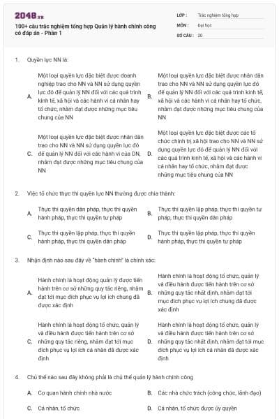 100+ câu trắc nghiệm tổng hợp Quản lý hành chính công có đáp án - Phần 1