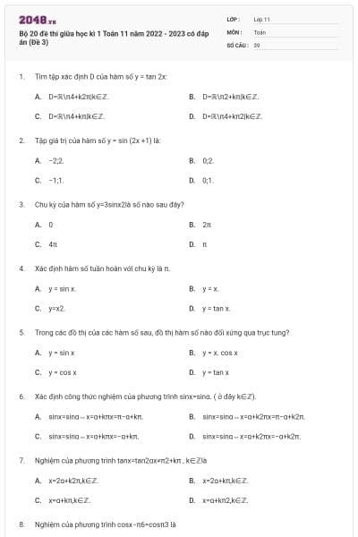 Bộ 20 đề thi giữa học kì 1 Toán 11 năm 2022 - 2023 có đáp án (Đề 3)