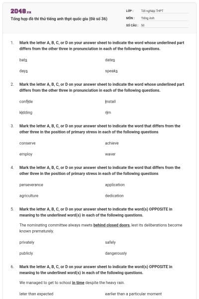 Tổng hợp đề thi thử tiếng anh thpt quốc gia (Đề số 36)