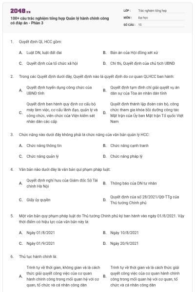 100+ câu trắc nghiệm tổng hợp Quản lý hành chính công có đáp án - Phần 3