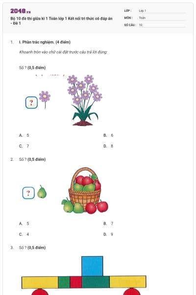 Bộ 10 đề thi giữa kì 1 Toán lớp 1 Kết nối tri thức có đáp án - Đề 1