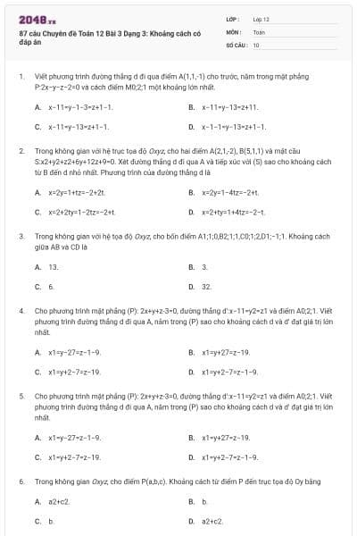 87 câu Chuyên đề Toán 12 Bài 3 Dạng 3: Khoảng cách có đáp án