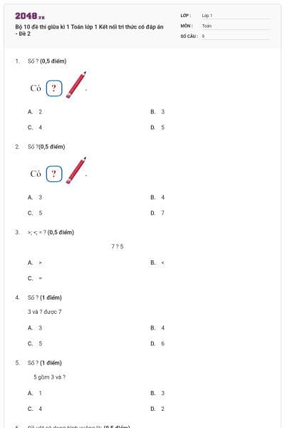 Bộ 10 đề thi giữa kì 1 Toán lớp 1 Kết nối tri thức có đáp án - Đề 2