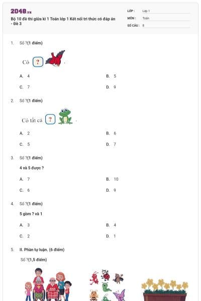 Bộ 10 đề thi giữa kì 1 Toán lớp 1 Kết nối tri thức có đáp án - Đề 3