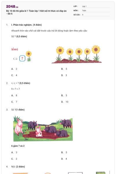 Bộ 10 đề thi giữa kì 1 Toán lớp 1 Kết nối tri thức có đáp án - Đề 6