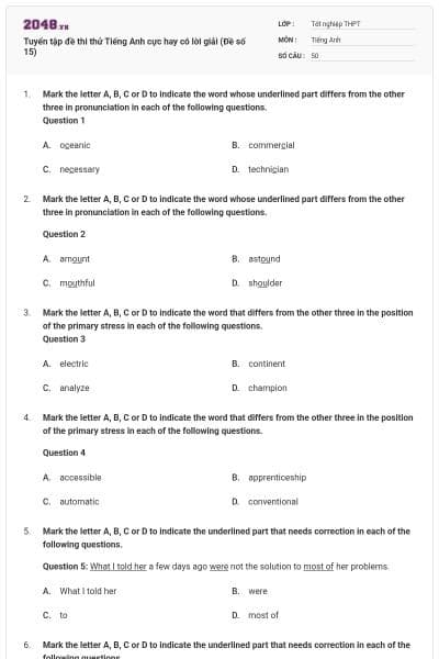 Tuyển tập đề thi thử Tiếng Anh cực hay có lời giải (Đề số 15)