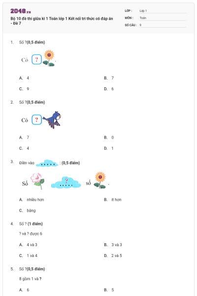 Bộ 10 đề thi giữa kì 1 Toán lớp 1 Kết nối tri thức có đáp án - Đề 7