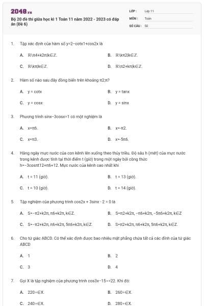 Bộ 20 đề thi giữa học kì 1 Toán 11 năm 2022 - 2023 có đáp án (Đề 6)