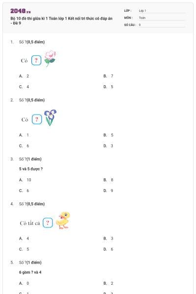 Bộ 10 đề thi giữa kì 1 Toán lớp 1 Kết nối tri thức có đáp án - Đề 9