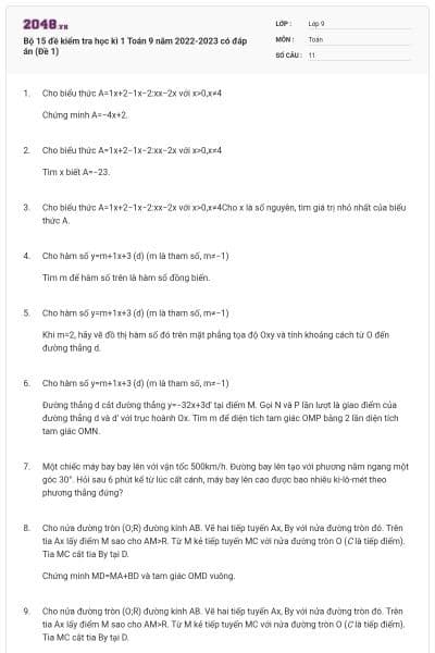 Bộ 15 đề kiểm tra học kì 1 Toán 9 năm 2022-2023 có đáp án (Đề 1)