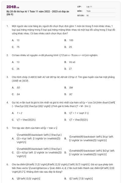 Bộ 20 đề thi học kì 1 Toán 11 năm 2022 - 2023 có đáp án (Đề 9)