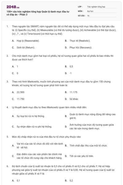 100+ câu trắc nghiệm tổng hợp Quản lý danh mục đầu tư có đáp án - Phần 3