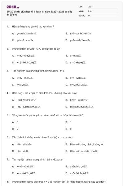 Bộ 20 đề thi giữa học kì 1 Toán 11 năm 2022 - 2023 có đáp án (Đề 9)
