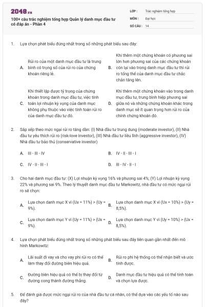 100+ câu trắc nghiệm tổng hợp Quản lý danh mục đầu tư có đáp án - Phần 4