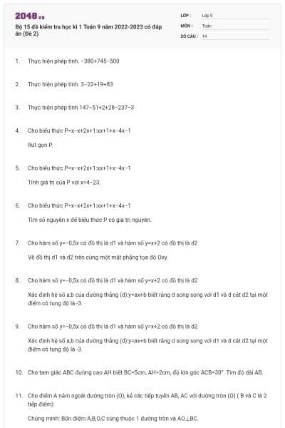 Bộ 15 đề kiểm tra học kì 1 Toán 9 năm 2022-2023 có đáp án (Đề 2)