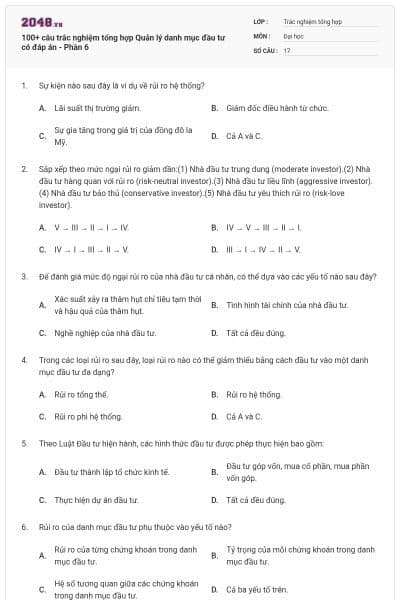100+ câu trắc nghiệm tổng hợp Quản lý danh mục đầu tư có đáp án - Phần 6