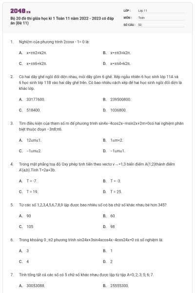 Bộ 20 đề thi giữa học kì 1 Toán 11 năm 2022 - 2023 có đáp án (Đề 11)