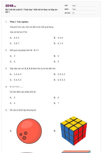 Bộ 5 đề thi cuối kì 1 Toán lớp 1 Kết nối tri thức có đáp án - Đề 1