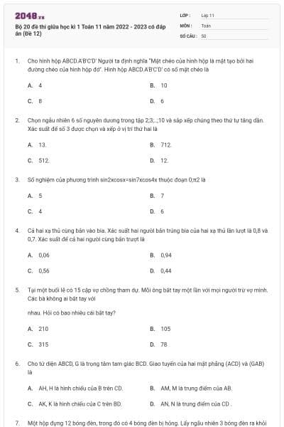 Bộ 20 đề thi giữa học kì 1 Toán 11 năm 2022 - 2023 có đáp án (Đề 12)