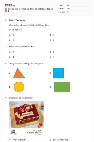 Bộ 5 đề thi cuối kì 1 Toán lớp 1 Kết nối tri thức có đáp án - Đề 4