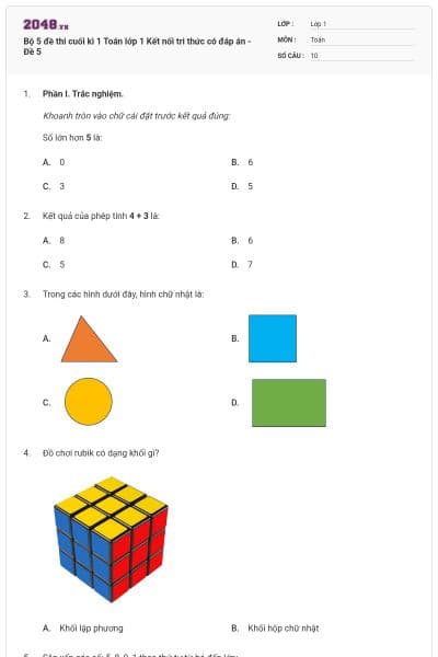 Bộ 5 đề thi cuối kì 1 Toán lớp 1 Kết nối tri thức có đáp án - Đề 5
