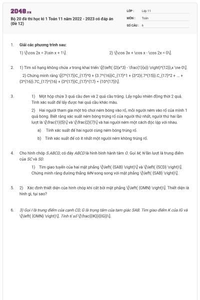 Bộ 20 đề thi học kì 1 Toán 11 năm 2022 - 2023 có đáp án (Đề 12)