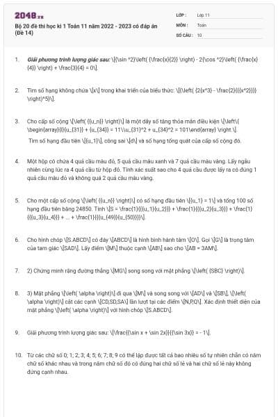 Bộ 20 đề thi học kì 1 Toán 11 năm 2022 - 2023 có đáp án (Đề 14)