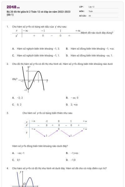 Bộ 20 đề thi giữa kì 2 Toán 12 có đáp án năm 2022-2023 (Đề 1)