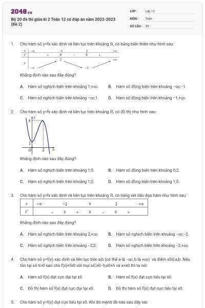 Bộ 20 đề thi giữa kì 2 Toán 12 có đáp án năm 2022-2023 (Đề 2)