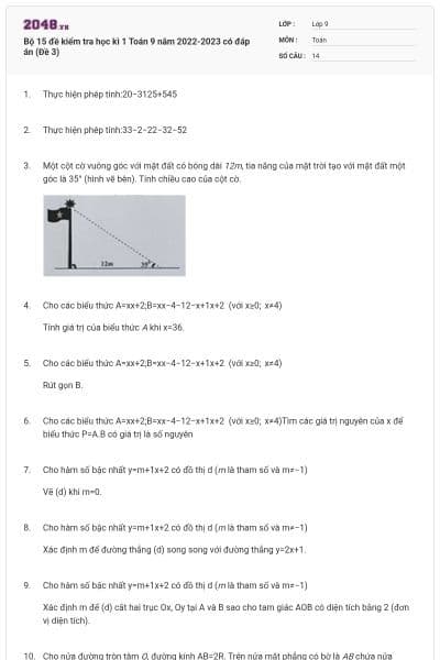 Bộ 15 đề kiểm tra học kì 1 Toán 9 năm 2022-2023 có đáp án (Đề 3)
