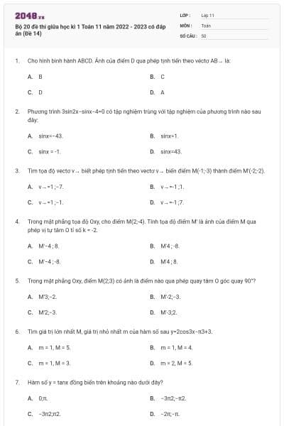 Bộ 20 đề thi giữa học kì 1 Toán 11 năm 2022 - 2023 có đáp án (Đề 14)