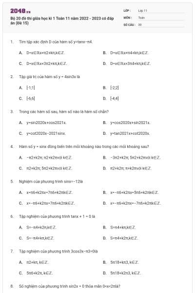 Bộ 20 đề thi giữa học kì 1 Toán 11 năm 2022 - 2023 có đáp án (Đề 15)