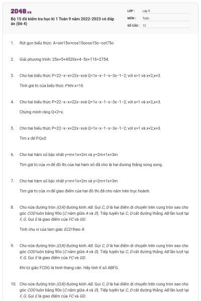 Bộ 15 đề kiểm tra học kì 1 Toán 9 năm 2022-2023 có đáp án (Đề 4)