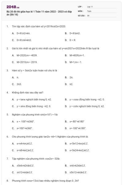 Bộ 20 đề thi giữa học kì 1 Toán 11 năm 2022 - 2023 có đáp án (Đề 16)