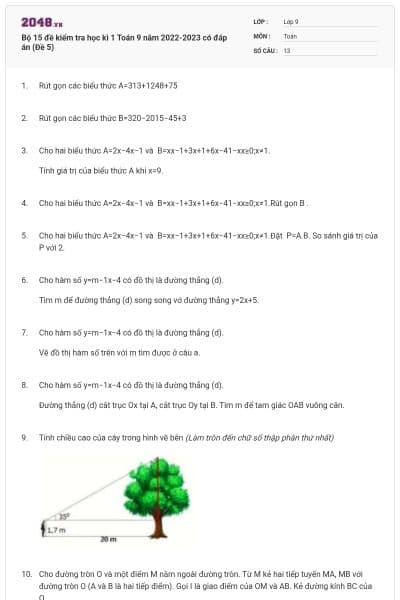 Bộ 15 đề kiểm tra học kì 1 Toán 9 năm 2022-2023 có đáp án (Đề 5)