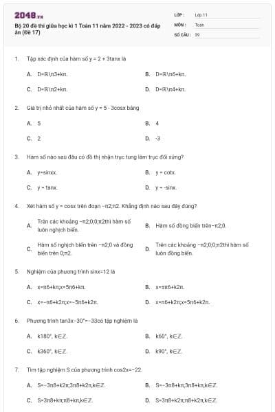 Bộ 20 đề thi giữa học kì 1 Toán 11 năm 2022 - 2023 có đáp án (Đề 17)